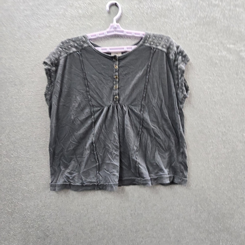 Knox Rose Women Blouse L Gray Button Embroidered Round Neck Front Boho